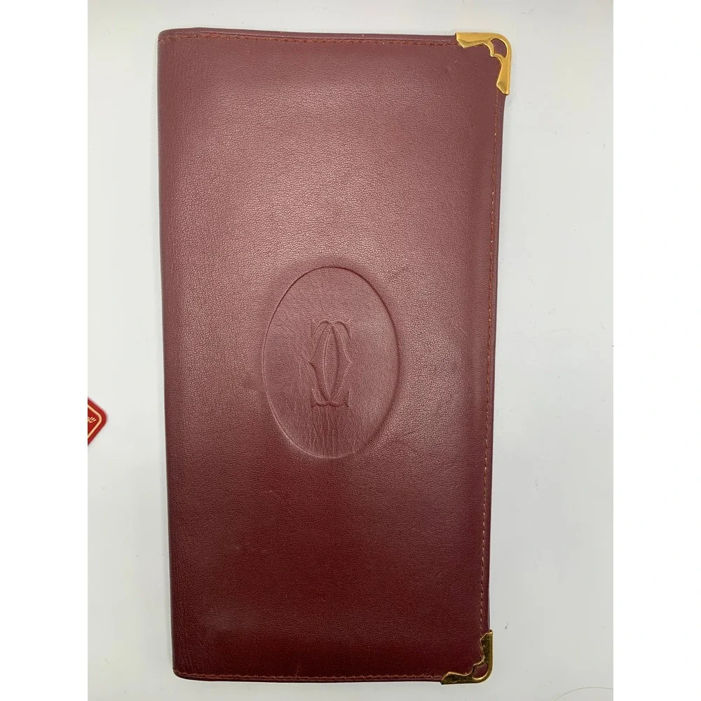 Cartier Must de Cartier Burgundy Leather Long Bifold Wallet Gold Corners #674